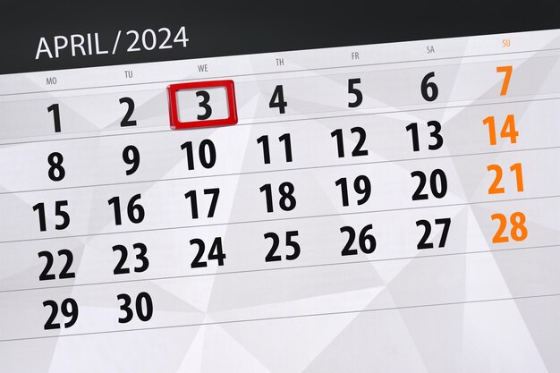 Expiration du calendrier 2024 jour mois page organisateur date avril mercredi numéro 3