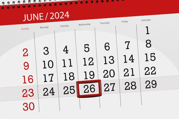 Expiration du calendrier 2024 jour mois page organisateur date juin mercredi numéro 26