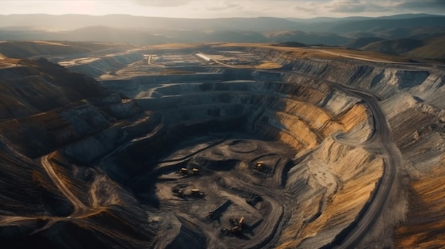 Exploitation minière en hauteur de terrasses industrielles sur une mine de minerai avec une mine à ciel ouvert à ciel ouvert vue d'en haut Exploration d'un équipement d'excavatrice massive du secteur de l'extraction de la dolomite