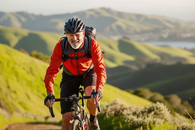 Explorant la beauté de la région de la baie Cycliste d'âge moyen conquiert les collines