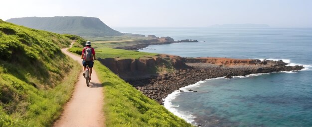 Explorant Jeju à vélo le long du sentier côtier pour découvrir les paysages volcaniques et les routes côtières en S