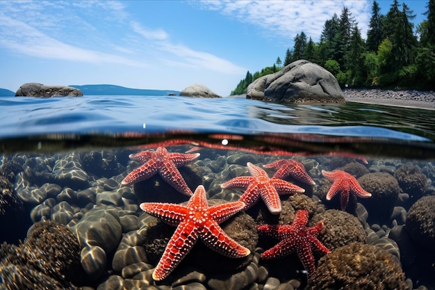 Photo explorant la majesté d'asterias amurensis l'étoile de mer du pacifique nord et l'é toile de mer commune japonaise