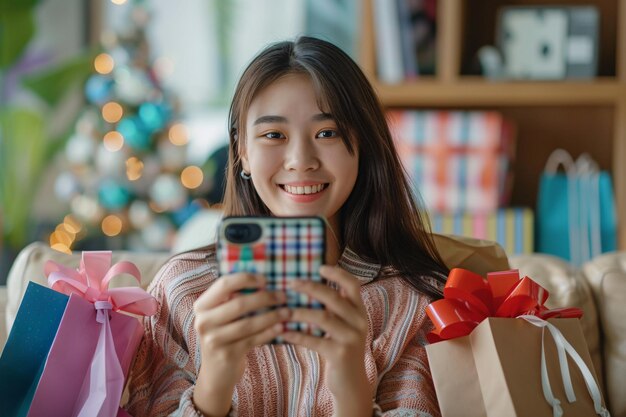 Photo explorant le monde de la technologie et du vidéoblogging à travers l'objectif d'une femme asiatique souriante et joyeuse ou d'une créatrice de contenu entourée de cadeaux et de sacs d'achat dans sa maison