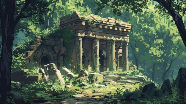 Explorant des ruines anciennes dans une forêt
