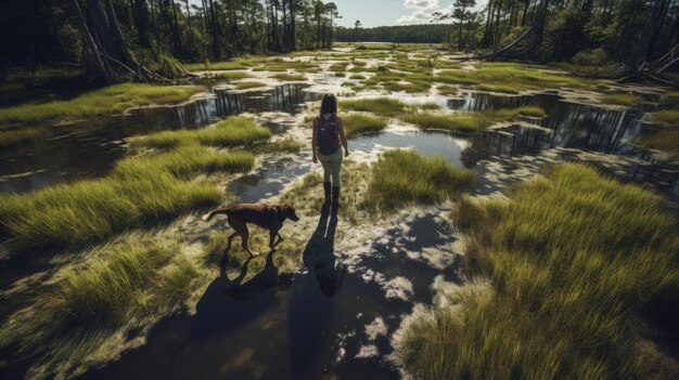 Explorant la sérénité de la nature Femme et chien marchant à travers un marais