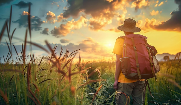 Un explorateur au coucher du soleil se promène dans une prairie sereine.