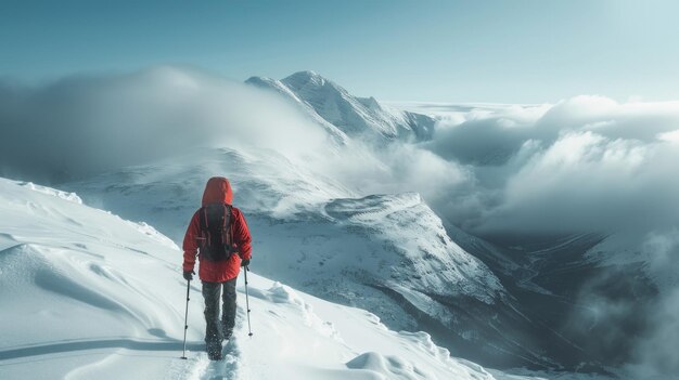 Un explorateur aventureux traverse des montagnes enneigées.