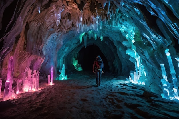 Explorateur dans une grotte de cristal vibrante