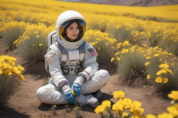 Explorateur en plein air assis dans un champ de fleurs tenant des fleurs jaunes femme portant une combinaison spatiale à l'arrière-plan