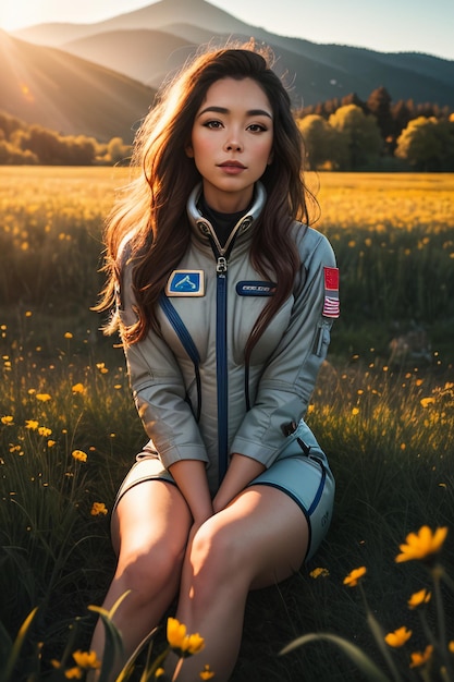 Explorateur en plein air assis dans un champ de fleurs tenant des fleurs jaunes femme portant un fond de combinaison spatiale