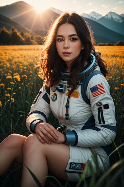 Explorateur en plein air assis dans un champ de fleurs tenant des fleurs jaunes femme portant un fond de combinaison spatiale