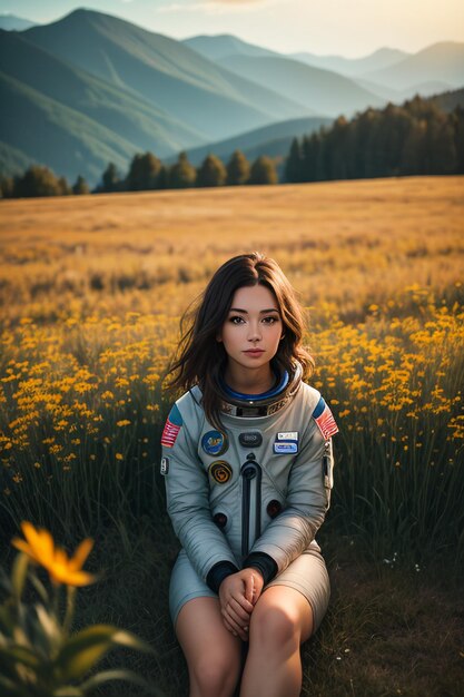 Explorateur en plein air assis dans un champ de fleurs tenant des fleurs jaunes femme portant un fond de combinaison spatiale