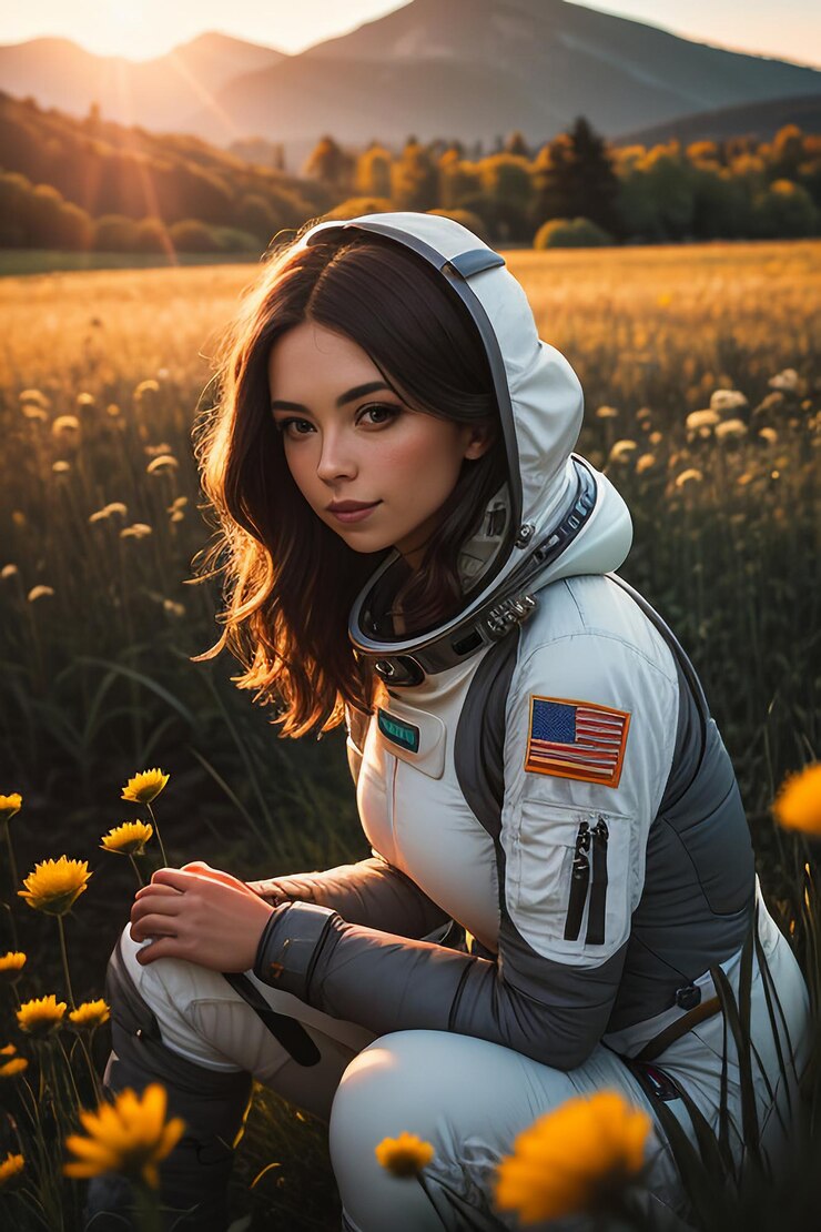 Explorateur en plein air assis dans un champ de fleurs tenant des fleurs jaunes femme portant un fond de combinaison spatiale