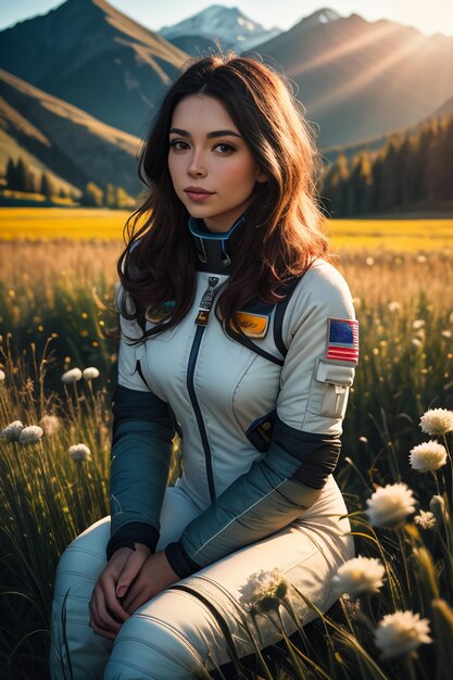 Explorateur en plein air assis dans un champ de fleurs tenant des fleurs jaunes femme portant un fond de combinaison spatiale