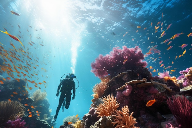 Un explorateur sous-marin nageant avec des poissons colorés 00423 01
