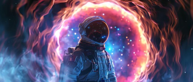 Explorateur de trou de ver astronaute costume aventurier interstellaire traversant les portes cosmiques nébuleuse toile de fond rendu 3D rétroéclairage aberration chromatique vue œil de ver