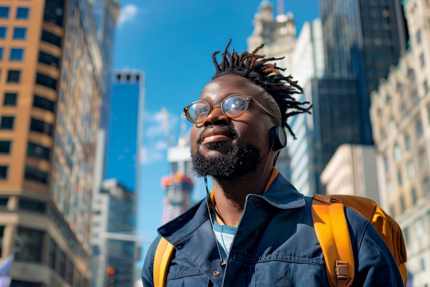 Explorateur urbain homme noir se promène dans le paysage urbain avec un téléphone portable et un casque