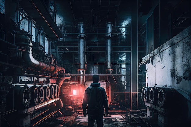Explorateur urbain se faufilant dans une centrale électrique abandonnée en pleine nuit