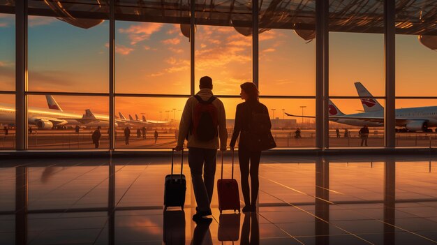 Exploration de l'aéroport Voyageurs avec des bagages témoignant du mouvement de l'avion à travers les fenêtres du terminal