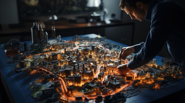 Exploration du monde Vue latérale d'un jeune homme travaillant sur une maquette miniature de la ville