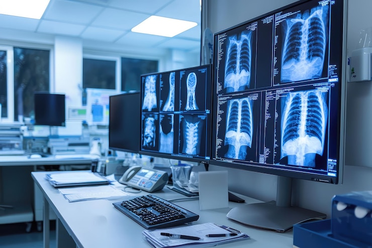 Photo exploration d'un espace de travail de radiologues un centre de technologie et de connaissances en imagerie médicale et en pratiques de soins de santé