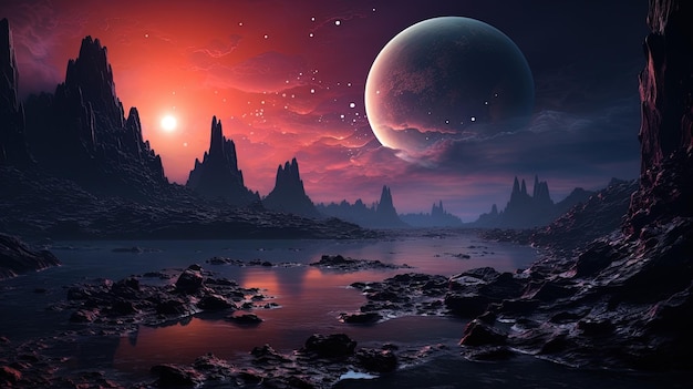 Exploration d'exoplanètes mondes lointains paysages extraterrestres fond de couleur unie