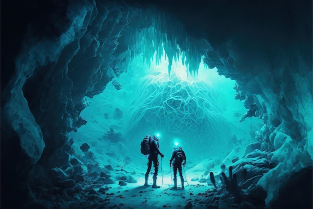 Exploration d'une grotte de glace avec un explorateur pionnier scifi futuriste
