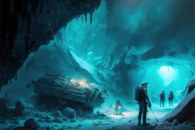 Exploration d'une grotte de glace avec un explorateur pionnier scifi futuriste