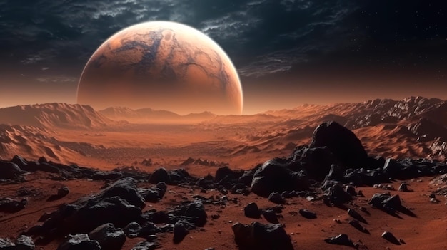 Exploration de la planète mars planète rouge paysage ai générative