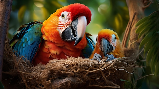 Explorer les magnifiques petits perroquets aras de la forêt tropicale dans leur famille d'habitats ludiques