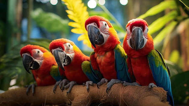 Explorer les magnifiques petits perroquets aras de la forêt tropicale dans leur habitat ludique