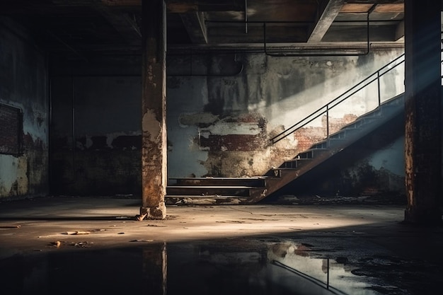 Explorer le sous-sol vide d'un bâtiment industriel abandonné