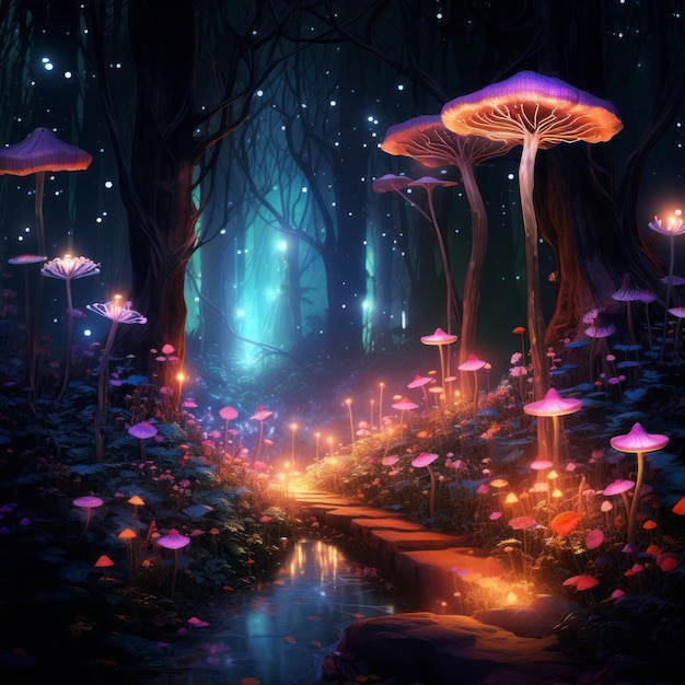 Explorez une forêt nocturne magique avec une flore lumineuse et des lumières fantastiques chef-d'œuvre d'IA générative