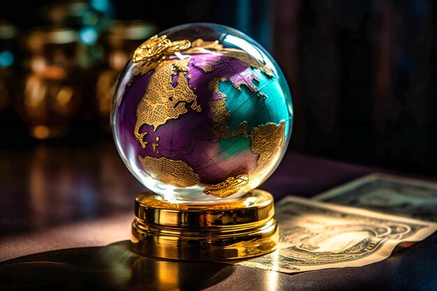 Explorez les investissements internationaux avec un globe en verre gravé doré gracieusement équilibré sur une grande pile de pièces scintillantes