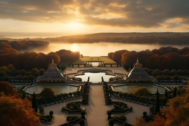 Explorez l'opulent château français de Versailles et ses fontaines de jardins vibrantes et colorées