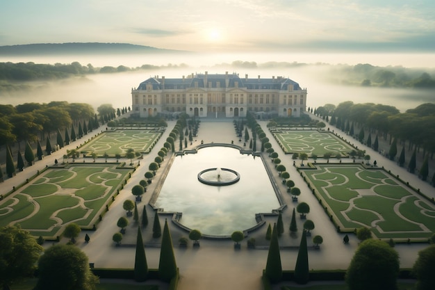 Photo explorez l'opulent château français de versailles et ses fontaines de jardins vibrantes et colorées