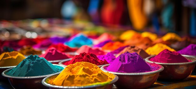 Explorez la signification des poudres colorées utilisées dans les célébrations de Holi symbolisant la victoire du bien sur le mal et l'arrivée du printemps