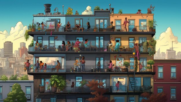 Photo explorez la vie interconnectée des différents résidents d'un immeuble d'appartements animé de la ville 8