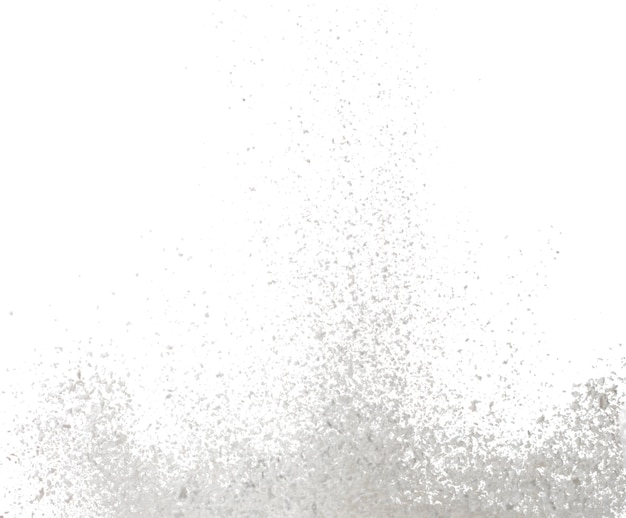L'explosion de l'amidon de tapioque volant La poudre blanche de l'amidon de tapioca ondulant tombe dans l'air L'amidon du tapioca est un matériau élémentaire L'ombre des yeux pour le maquilleur Arrière-plan blanc Isolé