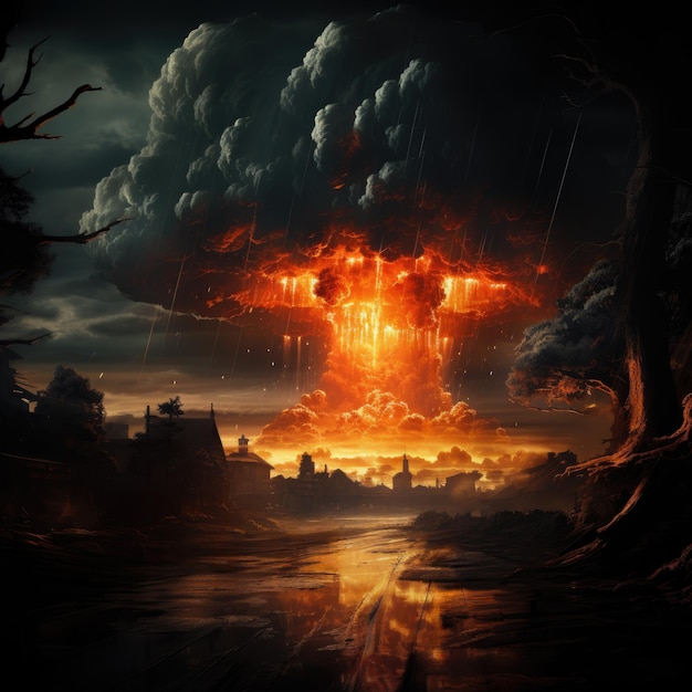 Explosion atomique d'une bombe nucléaire avec un champignon atomique de poussière radioactive Une prémonition de guerre nucléaire
