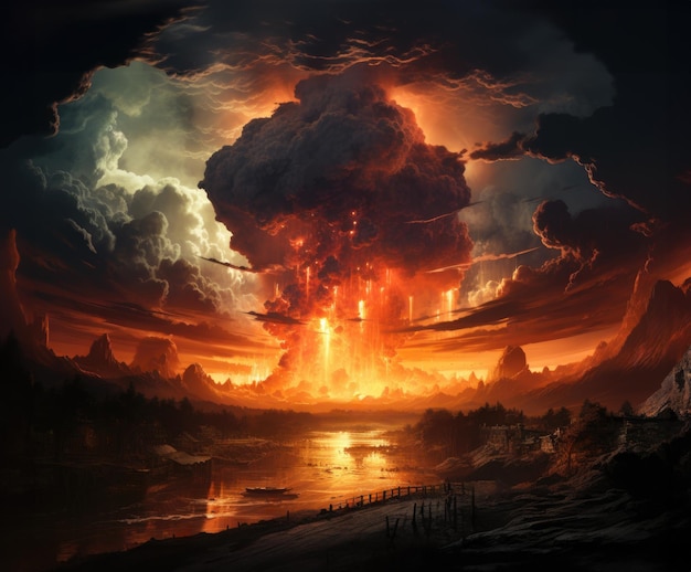 Explosion atomique d'une bombe nucléaire avec un champignon atomique de poussière radioactive Une prémonition de guerre nucléaire