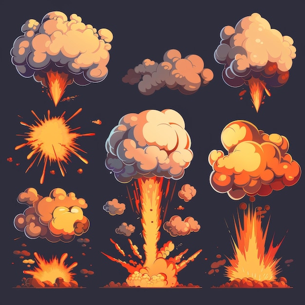 Photo l'explosion d'une bombe de dessin animé dans un jeu mobile l'explossion d'un nuage de bombe de cartoon explosion et fumée en mouvement explosion isolée feuille de sprite de fumée et explosion