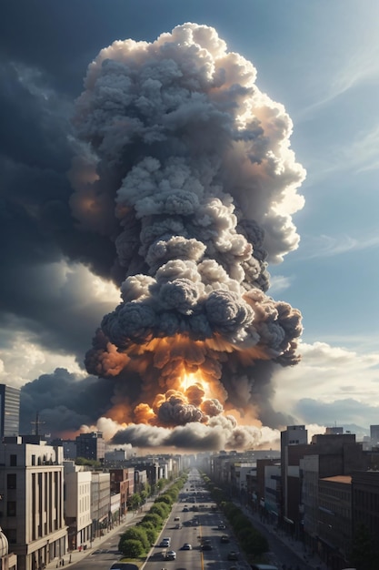 Explosion d'une bombe nucléaire au-dessus de la ville avec un nuage de champignons