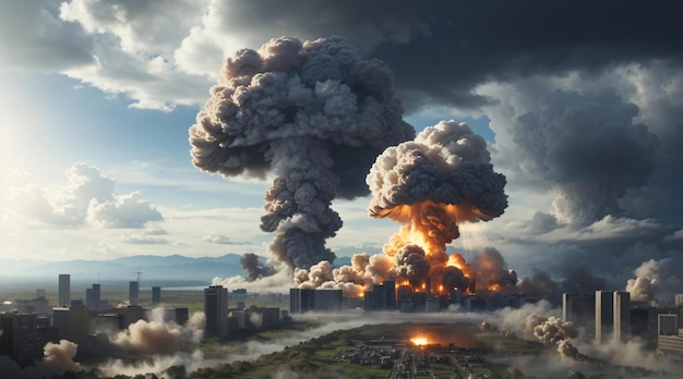 Explosion d'une bombe nucléaire au-dessus de la ville avec un nuage de champignons