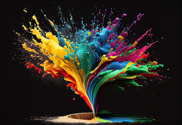 Une explosion colorée de peinture est montrée sur un fond noir.