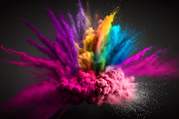 Une explosion colorée de poudre est représentée sur un fond noir.