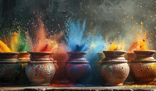 Une explosion colorée de poudre sur des pots traditionnels