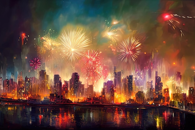 Explosion colorée réaliste de feux d'artifice sur l'image stylisée du paysage de la ville nocturne générée par l'intelligence artificielle Illustration 3D du concept de vacances