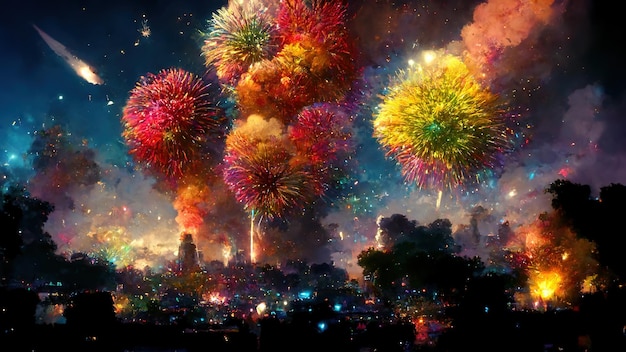 Explosion colorée réaliste de feux d'artifice sur la ville nocturne