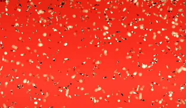 Explosion de confettis dorés sur fond rouge, rendu 3D de mise au point douce.